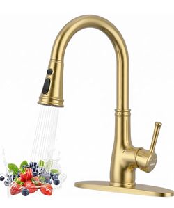 WEWE Vintage Kitchen Faucet, Pull-Down Sprayer, Brushed Gold, High Arc 3 Modes Sprayer, 360 Swivel, Deck Plate, SUS304, Fits 1- or 3-Hole Sinks, 20-In