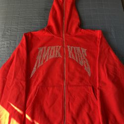 AmokKidz Red Rhinestone Full Zip Sweater Never worn just washed Size XXL fits XL $25