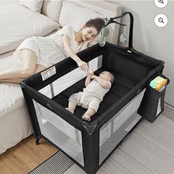 🔥Brand new🔥  Baby Playard Baby Bassinet,Foldable Crib Pack and Play with Toy Bar,Play Yard,0-5 Months(Black)