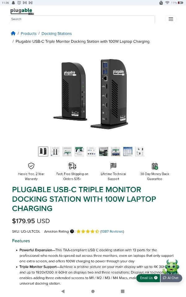 Plugable USB-C Triple Monitor Docking Station with 100W Laptop Charging used