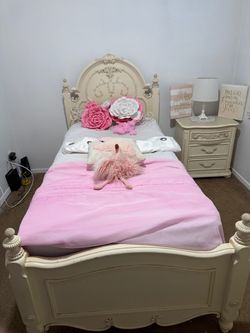Ornate Cream Twin Bed Frame with Nightstand set