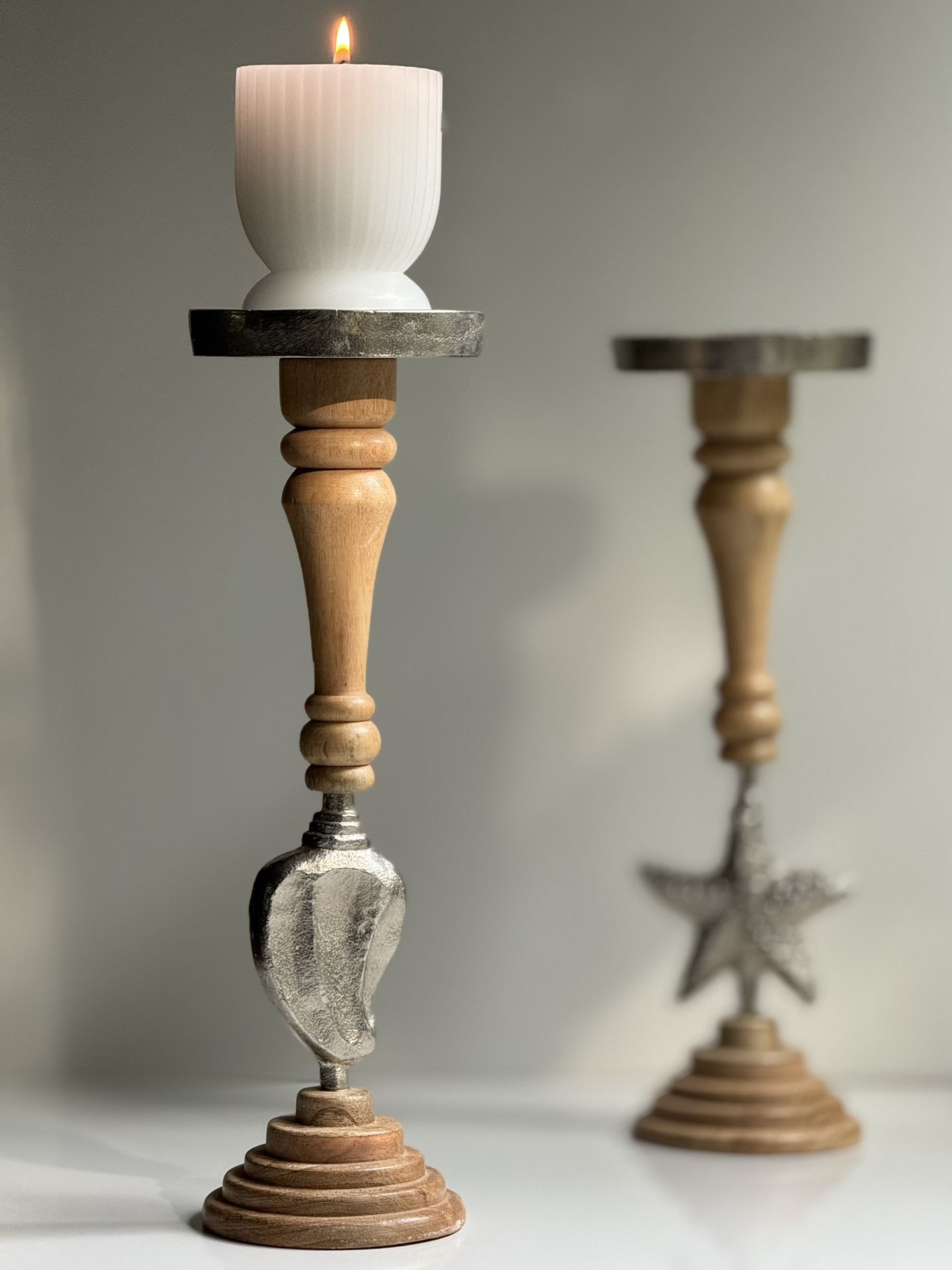 Nautical Candle Holders Pair, Starfish & Conch Shell Accents