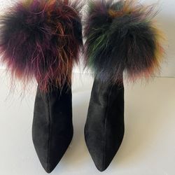 Black Fashion Stiletto Rainbow Faux Fur Pointy Toe Boots