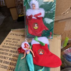 New Avon Disney’s Holiday Stocking 6 1/2”  Belle & Ariel Dolls 1997
