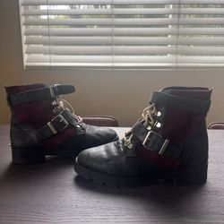 $450 New Gorgeous Free People Leather And Suede Black Burgundy Red Moto Boots Booties  Euro 37 Fits  6.5,  7 