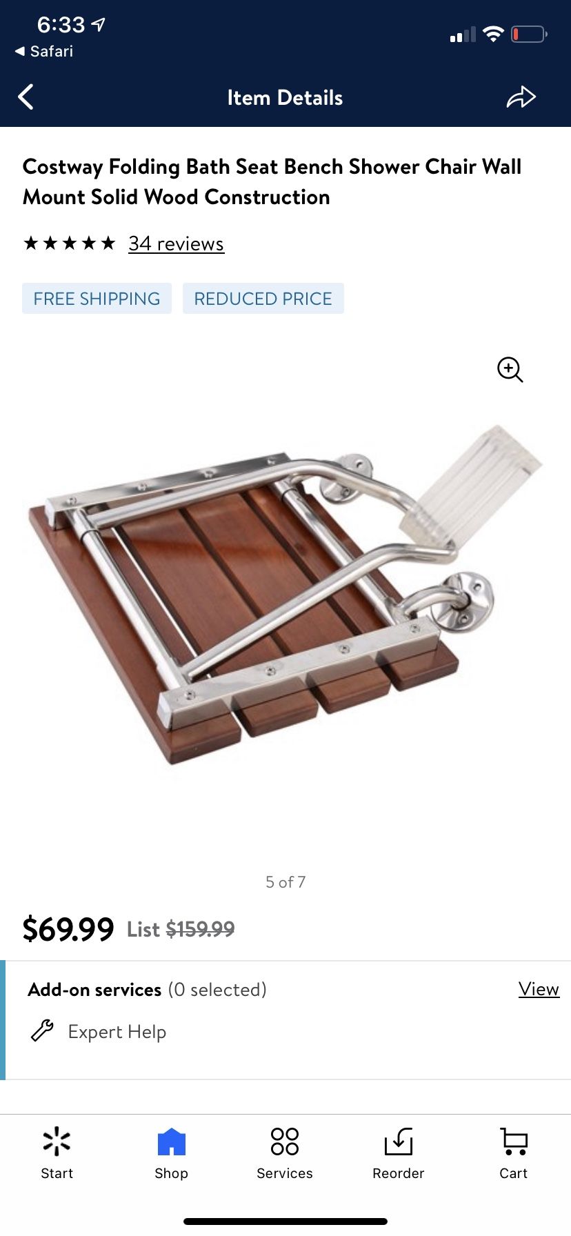 Costway Folding Bath Seat Bench Shower Chair Wall Mount Solid Wood Construction