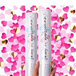 2 Gender Reveal Confetti Cannon - Heart Shaped Confetti Poppers - Pink, 2 Pack - Baby Girl New
