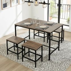 Homy Casa Moreman 5 Piece Dining Table Set 43.3" Rectangular Dining Table with 4 Stools Space Saving Industrial Style Walnut Finish