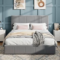Queen Size Bed Frame, Velvet Upholstered Platform Bed, Vertical Channel Tufted Adjustable Headboard, Low Profile Bed Frame, No Box Spring Needed, Easy