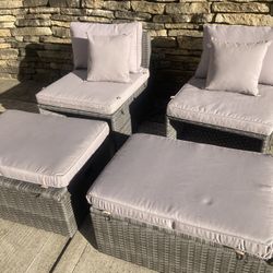 Grey Wicker Patio Furniture With Cushions ( Set Of Two With Two Storage Ottomans) Save Big Money! Great For Balcony, Patio Or Sunroom 