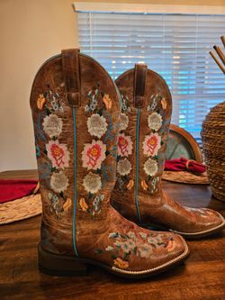Macie Bean antiqued brown floral leather boots.