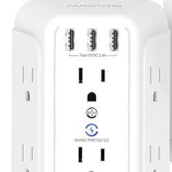 USB Wall Charger 1 pack,Surge Protector,AUOPRO 6-Outlet Multi Plug Wall Outlet with 3 USB Charging Ports (2.4A Total),3-Sided 1200J Power Strip with A