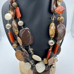 3 Strand Beaded Statement Necklace Colorful Earth Tones 16” With 3” Extension Good Condition