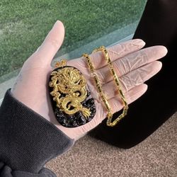 24k Gold Plated Necklace With Black Jade  / 24k Plated Dragon Pendant 