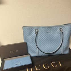 Authentic Blue Gucci Microguccissima Joy Tote Bag And Wallet Set 