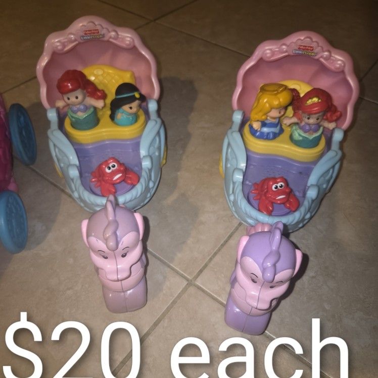 Princess Carriages, Little People, Mermaid Cinderella, and All Light Up W Music, $20 each. Comes with 3 Princesses, 4 available.