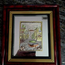 Vintage 1970's Solid Wood Framed Mirror Handcrafted Silver Relief Art Crafted In Italy 7"×8"