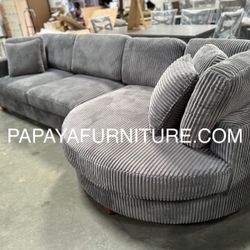New! 125” Large Sectional With Round Chaise, Sectional, Plush Sectional Couch, Sofa, Sectionals, Corduroy Couch, Grey Couch, Grey Sectional, Gray Sofa