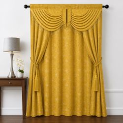 Gold Jacquard Curtain Set with Valance and Tiebacks