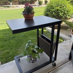 Industrial Rolling Metal Side Table w/ Magazine Rack & Locking Wheels 