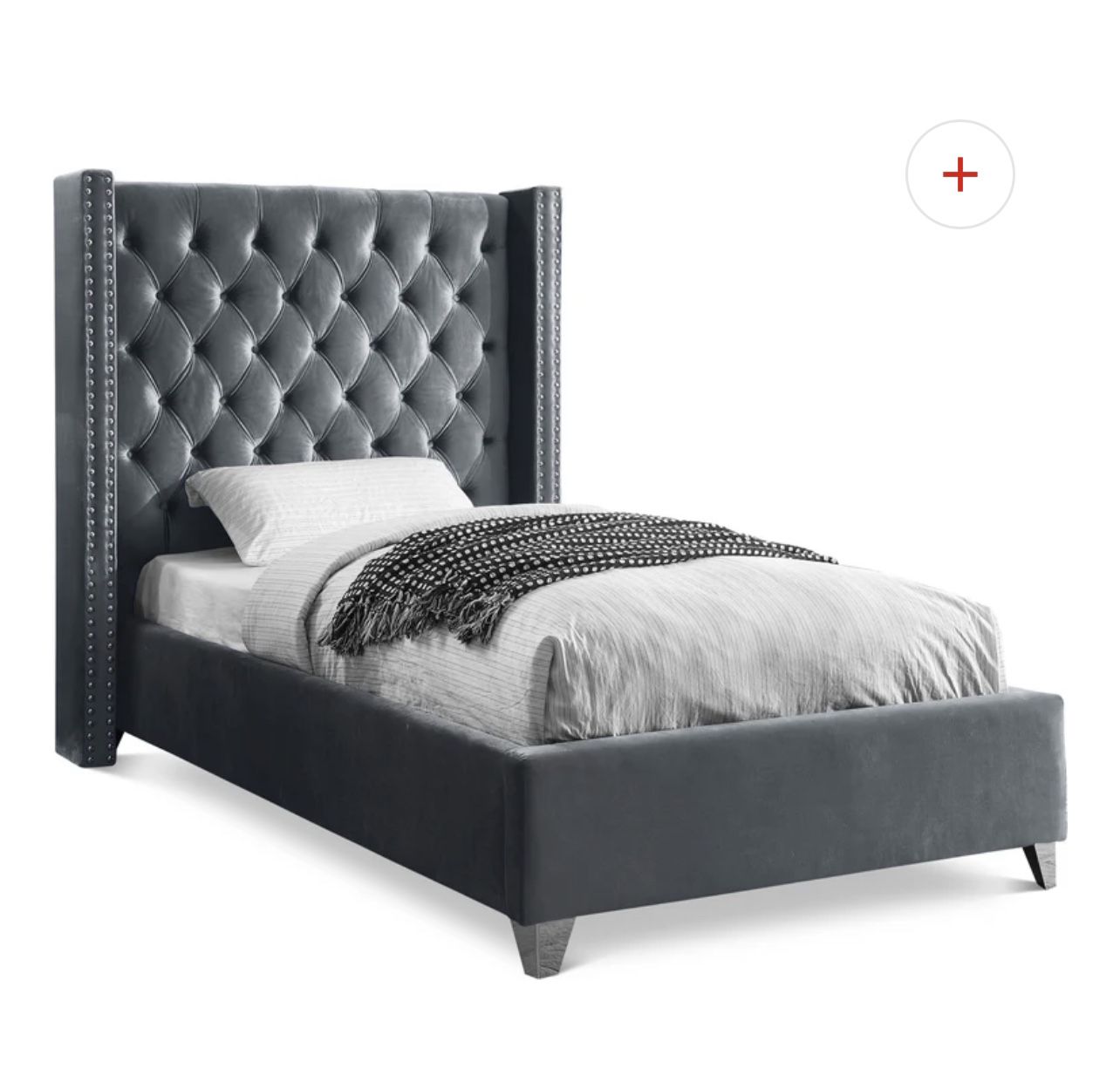 Gray Twin Velvet Tufted Bed