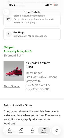 Men’s size 13 Jordan 4 Toro shoes