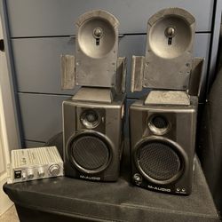 M-Audio bookshelf speakers, amp, and wall mounts