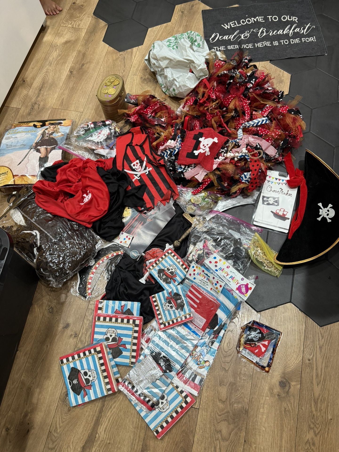 Lot of Pirate Birthday Items And Costumes