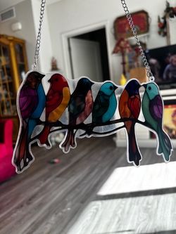 Stained acrylic.  Birds on Branch Suncatcher