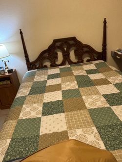 Wood Queen Size Ornate Headboard, Frame, Mattress, and Bedspread