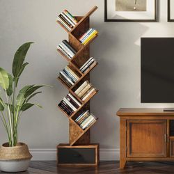 Rolanstar Tree Bookshelf with Drawer, 8 Shelf Rustic Brown Bookcase