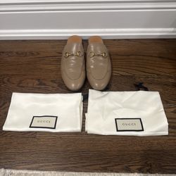 Gucci Princetown Horsebit Tan Leather Loafers Mules Slip On Flats 37, 7