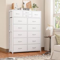White Dresser for Bedroom, Anti-Tip, 52" H Vertical Storage Cabinet Large Storage Tower for Hallway Closet, Foldable Fabric Drawers for Clothes, Savin