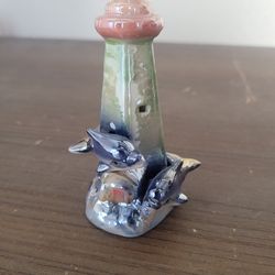 Vtg Iridescent Blue Dolphins Lighthouse Ceramic Figurine Lusterware Ocean Life