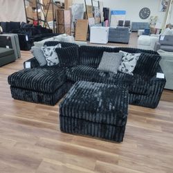 New 2pc Sectional In Black Corduroy,  Ottoman Separate 