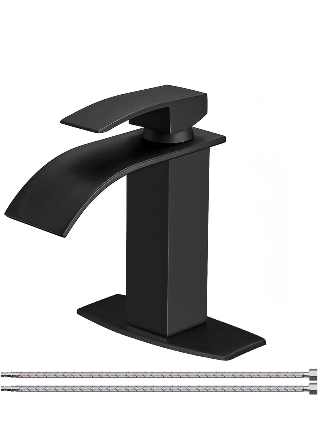 BESy Black Waterfall Bathroom Faucet, Single Hole 1 Hole 3 Holes Single Handle Bathroom Sink Faucet, Vanity Faucet with 6 Inch Deck Plate,