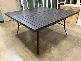 Black Slatted Metal Square Pation Dining Table with Central Umbrella Capacity