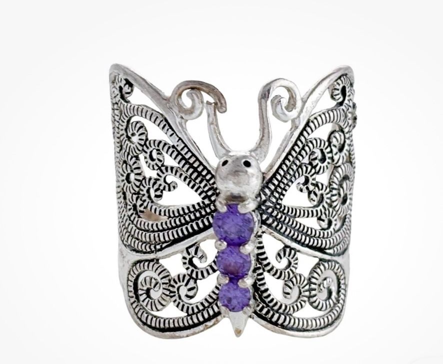 Vintage Wide Sterling Silver Filigree Amethyst Ring