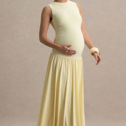 Lemon Crew-Neck Maternity Maxi Dress With Pleated Skirt