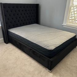 King & Queen Size Black Upholstered Bed Frame, Mattress 
