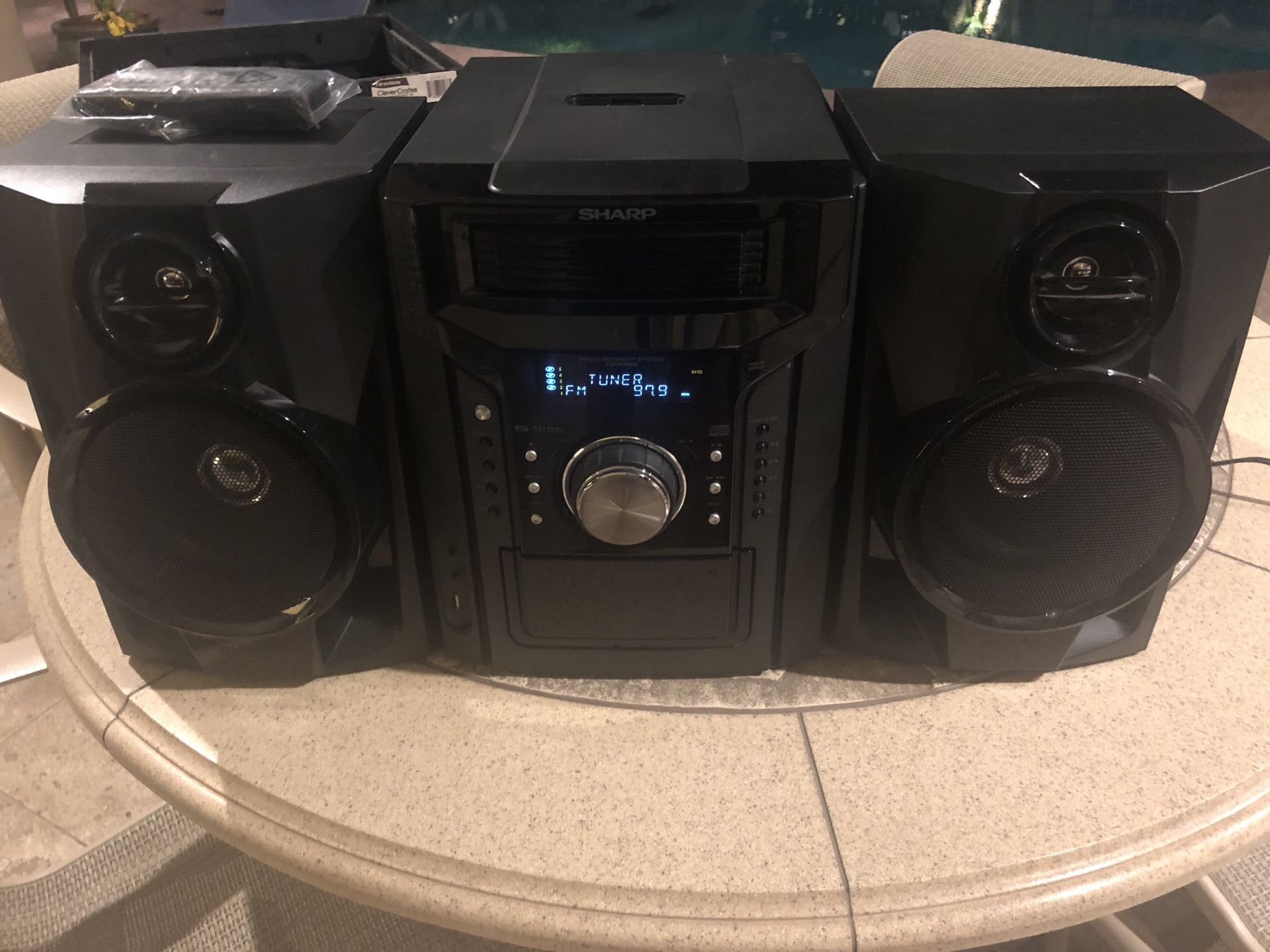 Stereo System - Sharp - Remote Control - 5 Disc CD Player - Cassette (Tape) Player - I-Phone Adapter On Top - Like Brand New - With Paperwork