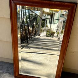 Vintage Wall Mirror Beveled Glass with Solid Wire Hanging Wood Frame