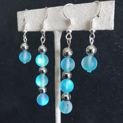 Blue mermaid glass iridescent beaded dangle earrings set 