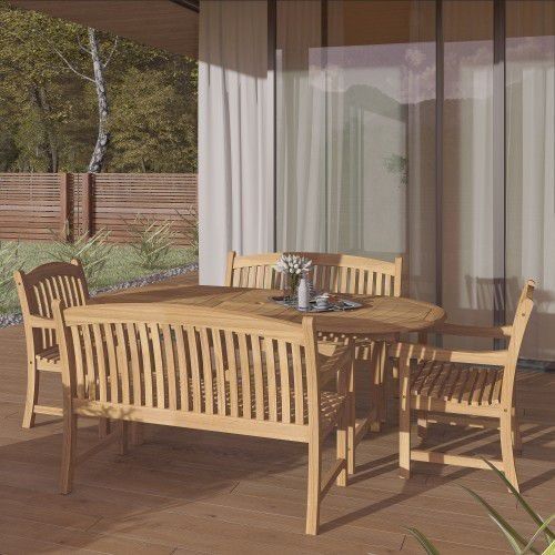 BRAND NEW FREE SHIPPING Extendable Oval Small Outdoor 5 Piece 100% FSC Certified Teak Wood With Bench And Chair Dining Set