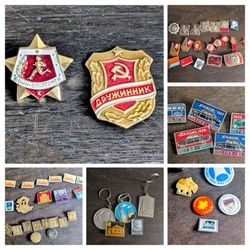 Massive Vintage Soviet Pin & Keychain Lot 57pc - Rare Lenin, Military, GAZ Cars, Kyiv Heavy Medals & Architecture