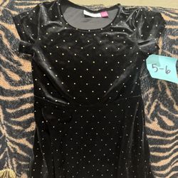 Children’s Place Like New Size 5 Dresses Black Velour With Gold Polka Dots, Rainbow Striped Dress 