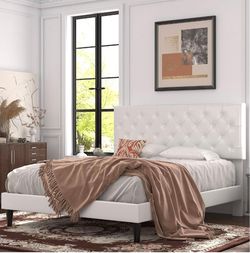 Full Size Platform Bed Frame, Adjustable Faux Leather Headboard with Diamond Stitch and Button Tufted, Sturdy Wood Slats, Easy-Assembly, No Box Spring