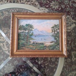 OLD PRINT OF A LAKE AND SAILBOATS