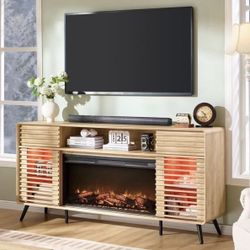 70" Fireplace TV Stand for TVs up to 80" , Entertainment Center with 36" Electric Fireplace, Natural Oak