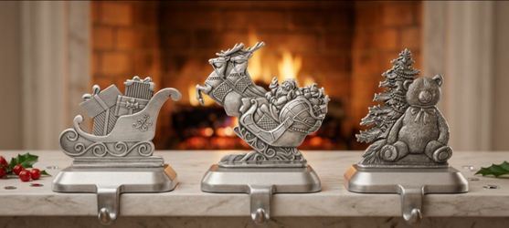 Set of 3 Vintage Pewter Christmas Stocking Holders (Sleigh, Santa, & Teddy Bear)